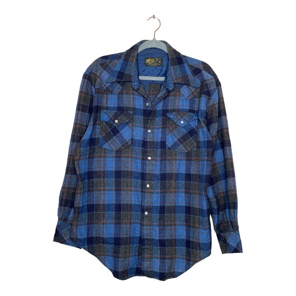 K-Mart Large Mens Blue Long Sleeve Plaid Pockets Collared Button Up Shirt - Picture 1 of 7